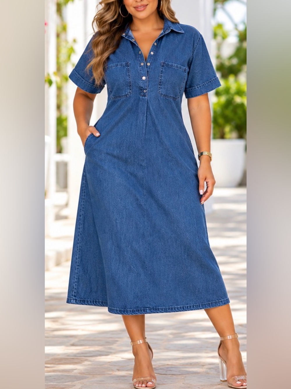 Chouyatou~ Classic Blue Denim Midi Dress for Women M